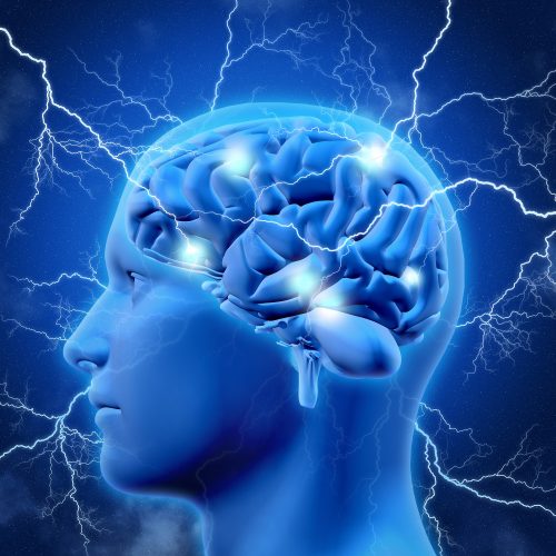 3D render of a male head and brain with lightening bolts